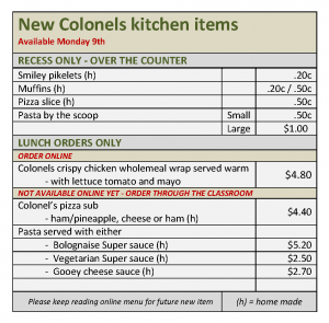 New Colonels Kitchen Items Menu